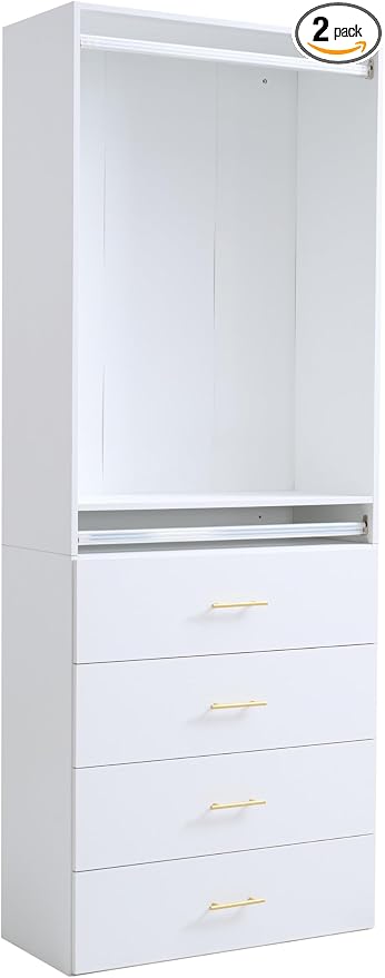 25.5" Closet Organizer Tower, White MDF Closet System with Adjustable Shelves and 4 Drawers, Wall-Mounted Wardrobe Storage Cabinet for Bedroom, Walk-In Closet and Dressing Room Storage