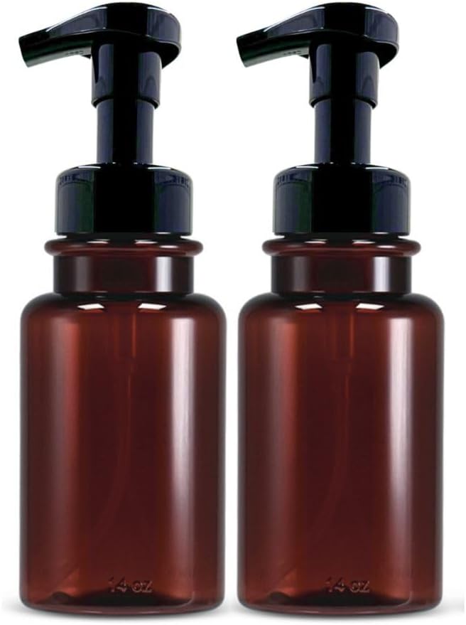 14 oz Plastic Foaming Soap Bottle Dispensers (2 Amber/Black) | wide opening, easy refills, for foam soap, refillable, reusable, set of 2, thick plastic