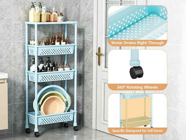 Slim 4 Tier Rolling Storage Cart Narrow Bathroom Organizer on Wheels Blue | 6.7" wide for tight bathroom/kitchen gaps, extra-tall tier, 360° casters, quick-dry shelves, tool-free storage rack
