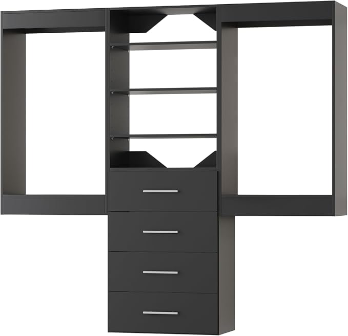 ROOMTEC Modular Closet System, 66" Wall-Mounted Closet Organizer with Drawers and Hanging Rods, Wooden Tower for Walk-In Closets, Wardrobe Storage Kit, Black