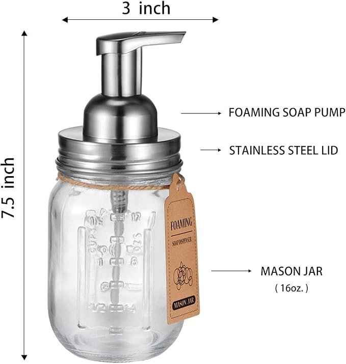 Amolliar Mason Jar Foaming Soap Dispenser, Plastic Soap Pump, Refillable Hand Soap Dispenser for Kitchen, Cute Farmhouse Decor, Dish Soap Dispenser, Bathroom Soap Accessories, Brushed Nickel 1 Pack