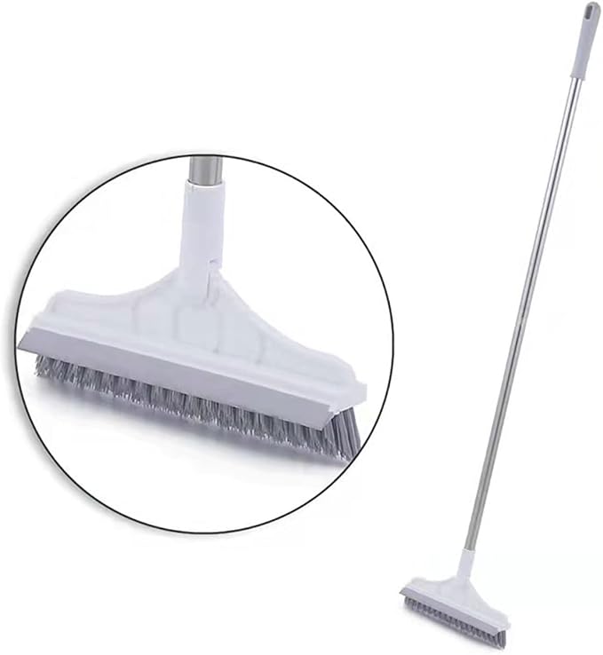 2 in 1 Floor Brush Scrubber with Long Handle Grout Brush 3 Poles 53.5'' New Upgrade Stiff Bristle Cleaning Scrub Brush with Squeegee 120°Rotating Tile Brush for Cleaning Bathroom Glass Patio Kitchen