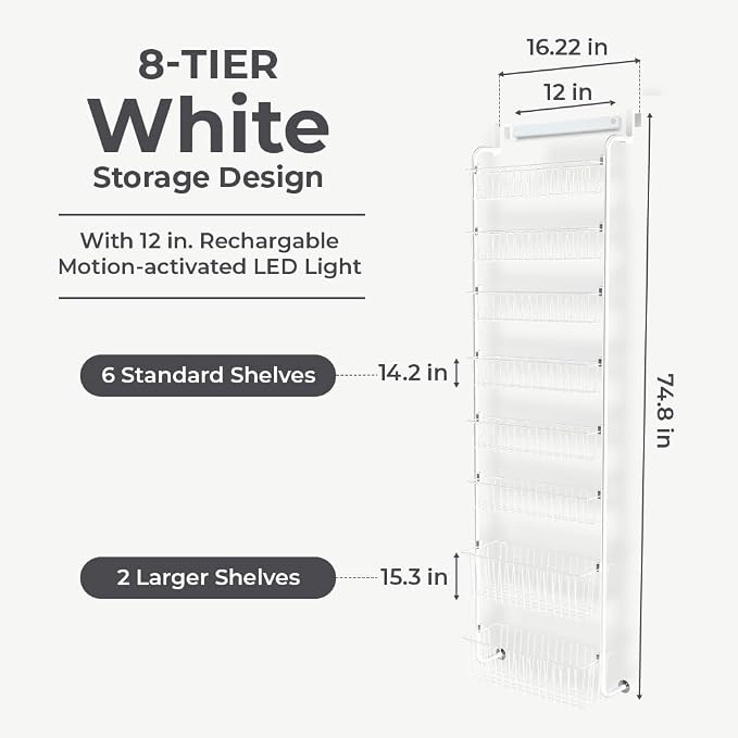 Over Door Organizer Storage - 8 Tier White Metal Over the Door Pantry Organizer Heavy Duty Hanging Storage Rack, Behind Cabinet Shelves for Home, Kitchen, Bathroom, Closet, Pantry