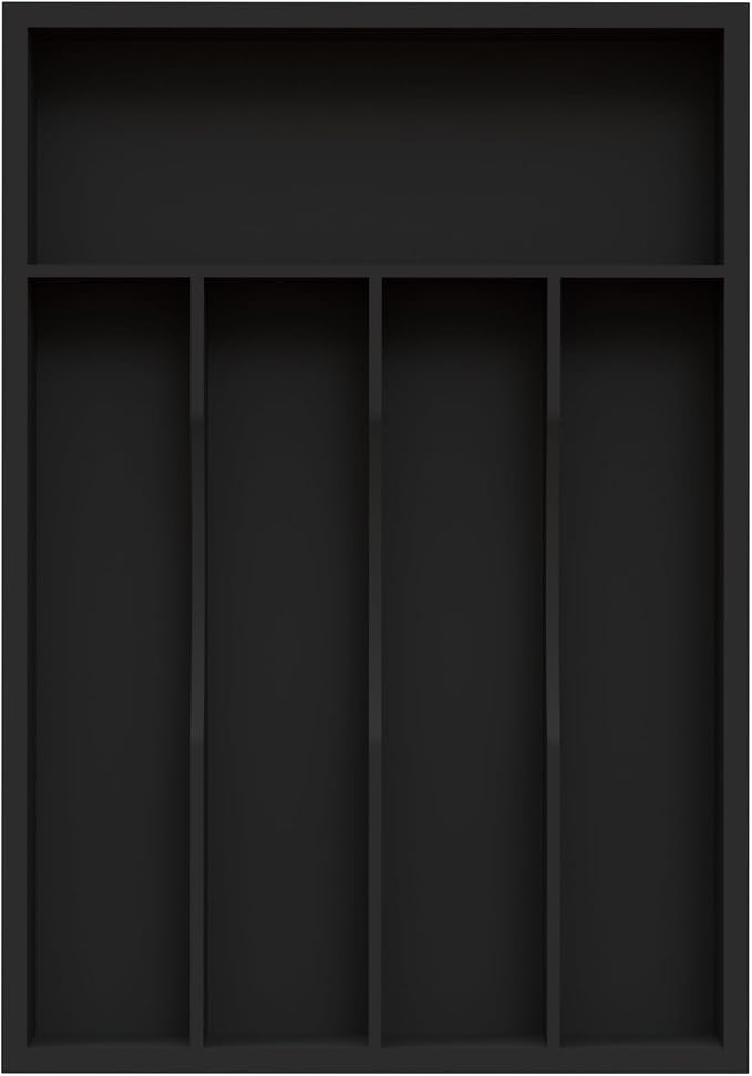 Bamboo Silverware Organizer, Kitchen Drawer Organizer, Utensil Holder, Cutlery Tray & Spoon Flatware Storage with Grooved Drawer Dividers (Black, 9.5''W x 13.5''D)