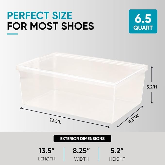 Superio Shoe Box Modern Storage Container - 6.5 Quart/6 Liter, Stackable Plastic Shoe Box Organizer (13.5"L x 8.35"W x 5.2"H)