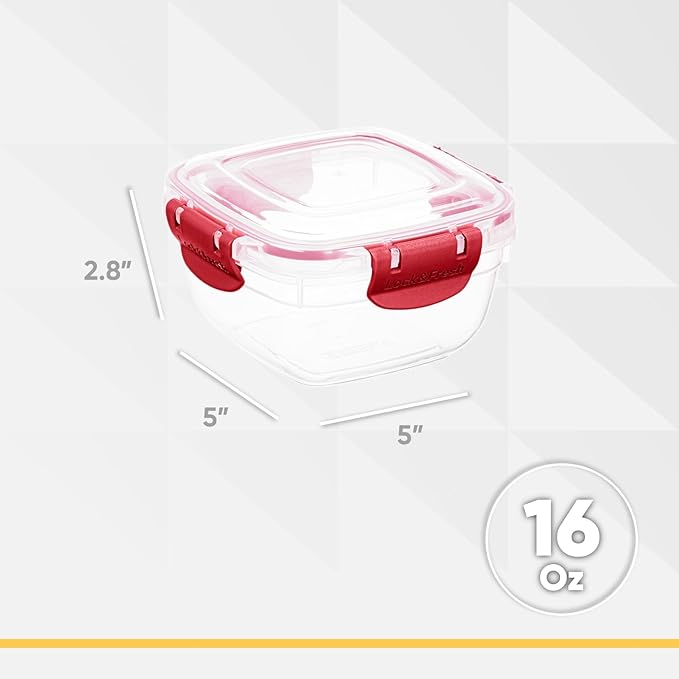 Superio Lock and Fresh Airtight Food Storage Containers with Lids for Kitchen Pantry Organization and Storage, BPA Free, Lunch, and Meal Prep Plastic Containers, 16 oz. Square Sealed Container, Red