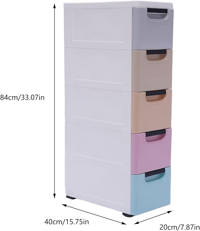 Plastic Stackable Storage Cart 5 Drawer Containers Storage Organizer Unit Mobile Stacking Bins [Multi Color A 7.9"x15.7"x33.1"]