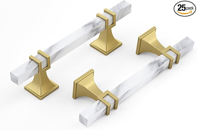 25 Pack 3-3/4 Inch White Marble Cabinet Pulls, Gold Cabinet Handles Marble Grain and Gold Pulls, Kitchen Cabinet Handles Square Dresser Drawer Pulls Kitchen Hardware