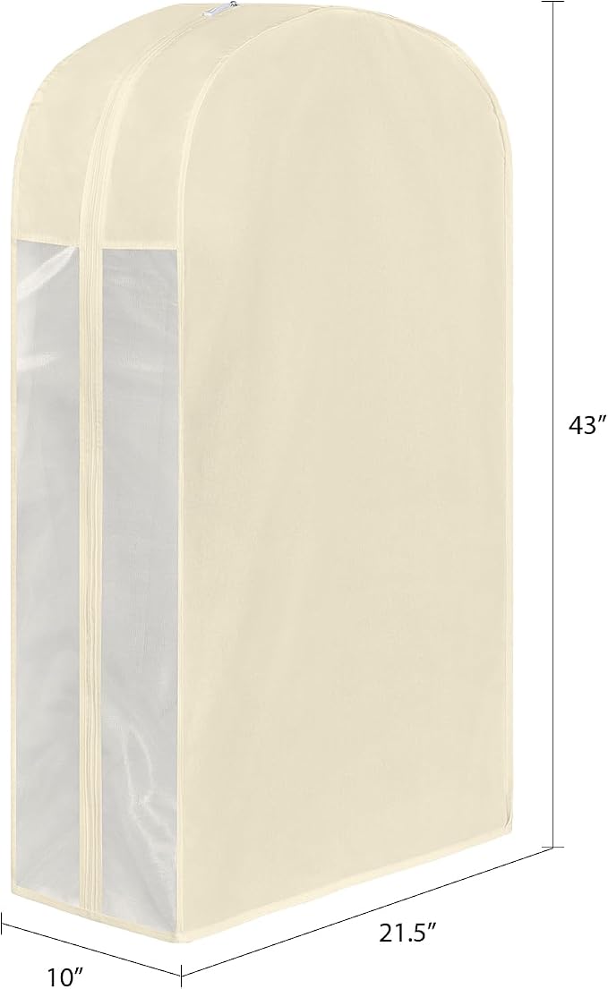 43" Premium Cotton Garment Bag for Hanging Clothes, Breathable Suit Bags for Closet Storage with Extre Large 10" Gusseted & Clear Window, Dust Cover with Zipper for Suits, 3 Pack, Beige