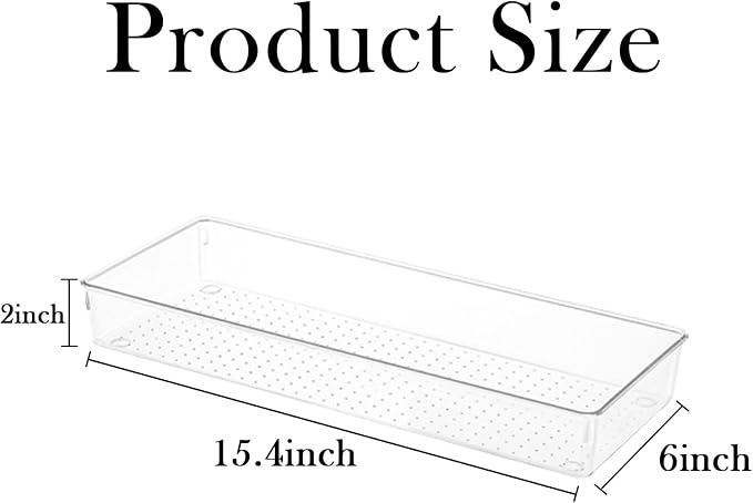 Clear Drawer Organizer Trays 6 Pack Plastic Dividers Bins | 15x6x2 Inch Desk Separator, Stackable Dresser Makeup Kitchen Office Storage Boxes, Cosmetic Utensil Flat Container Case