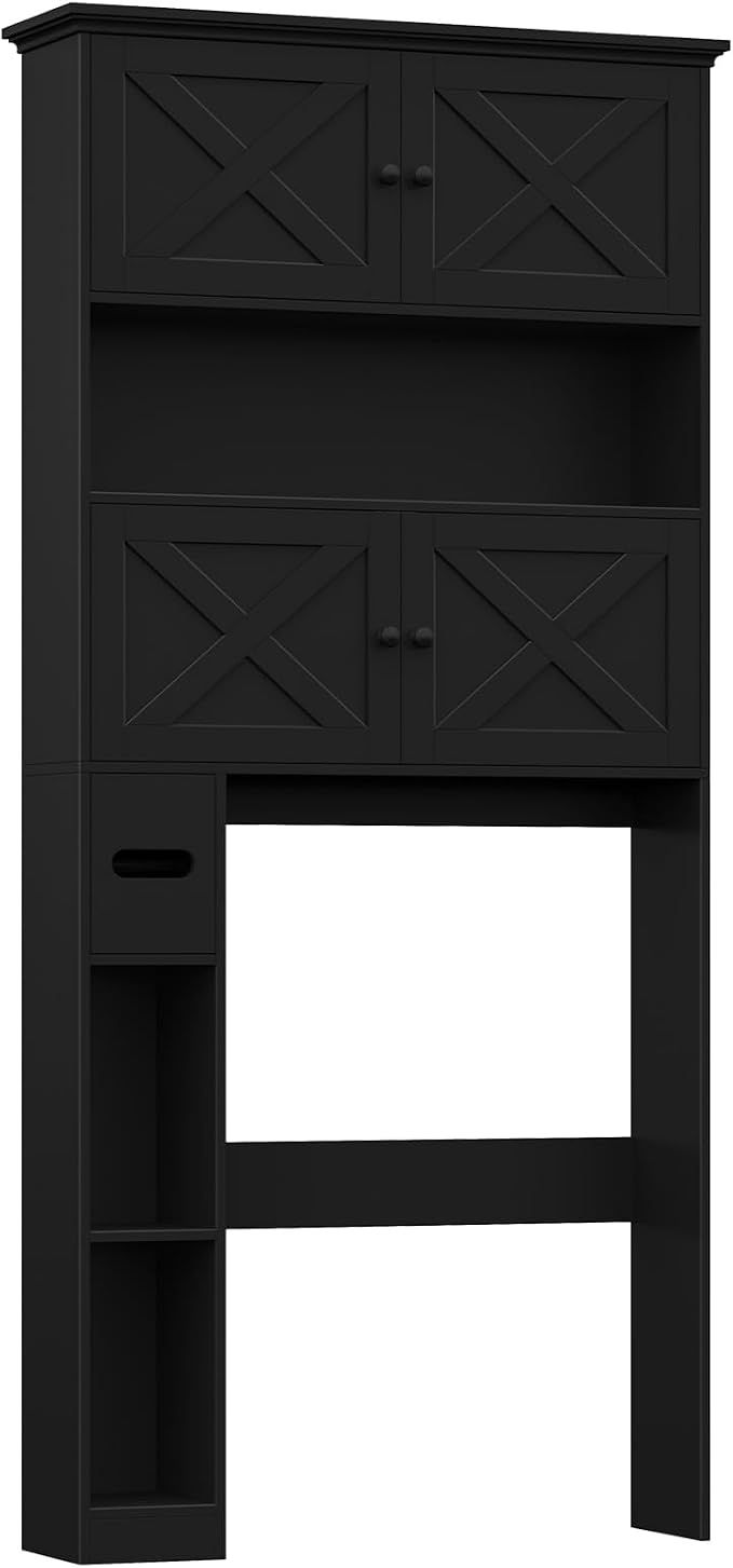 Halitaa Over The Toilet Storage Cabinet with Doors & Paper Holder, Black | Halitaa Farmhouse Toilet Shelf Home Space Saver with 4 Barn Doors & Toilet Paper Holder Stand for Restroom, Bathroom, Laundry