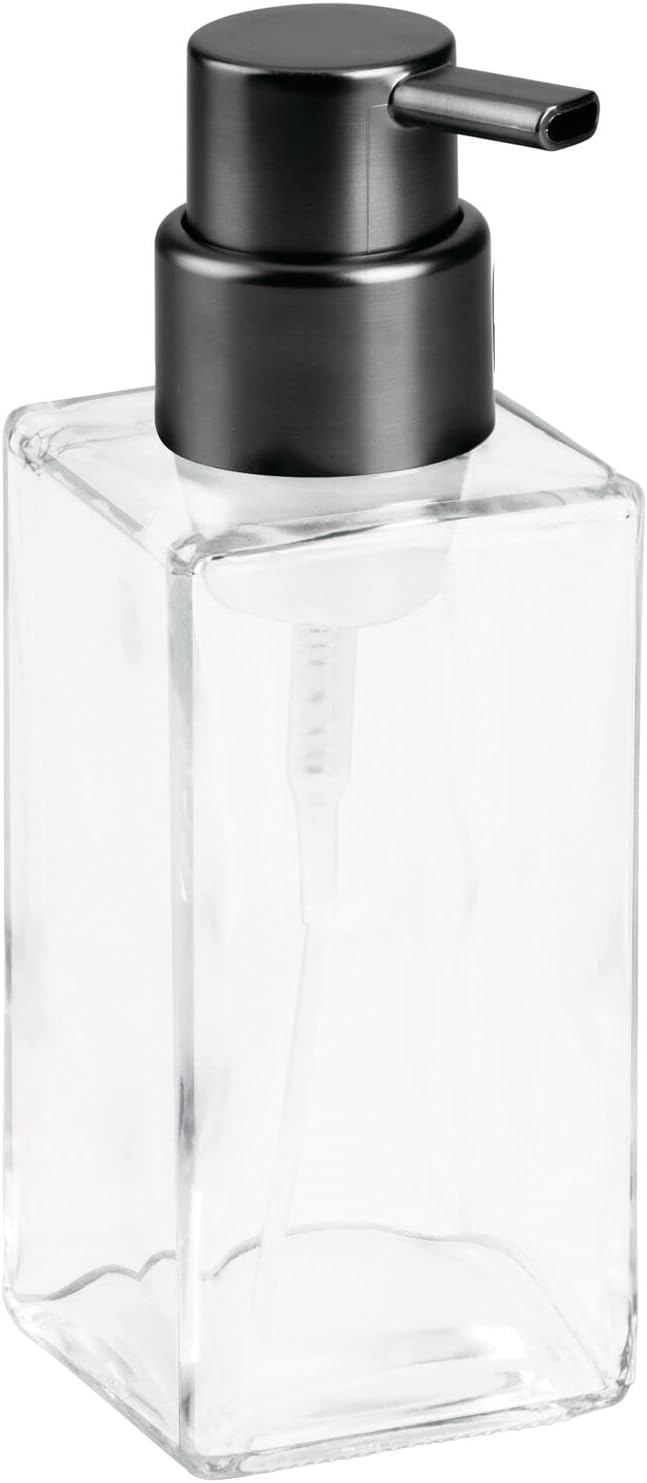 mDesign Glass Refillable Foaming Hand Soap Dispenser Modern Square Pump Bottle for Bathroom Vanities or Kitchen Sink, Countertops - 2 Pack - Clear/Black