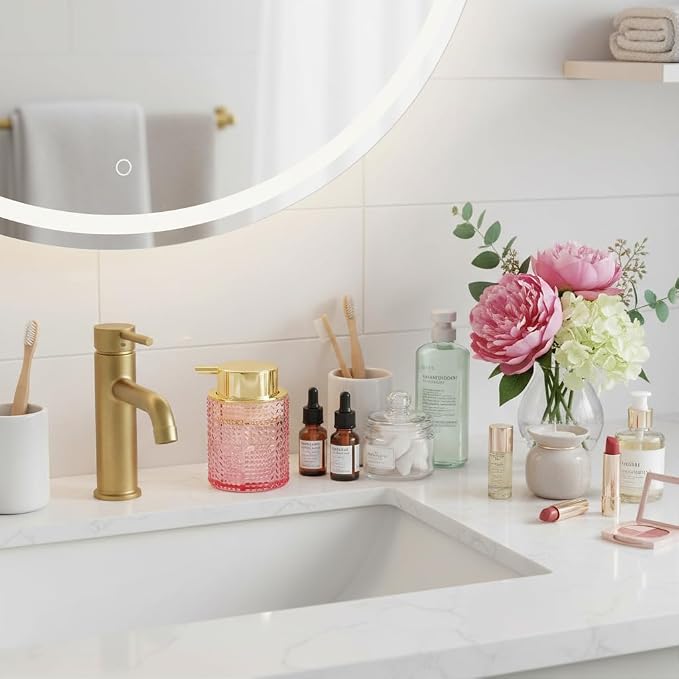 2pcs Glass Foaming Soap Dispenser, Pink Bathroom Foam Hand Soap Dispenser with Gold Pump, Refillable 10 Oz Lotion Shampoo Pump Dish Bottle Container for Bathroom Kitchen Decor