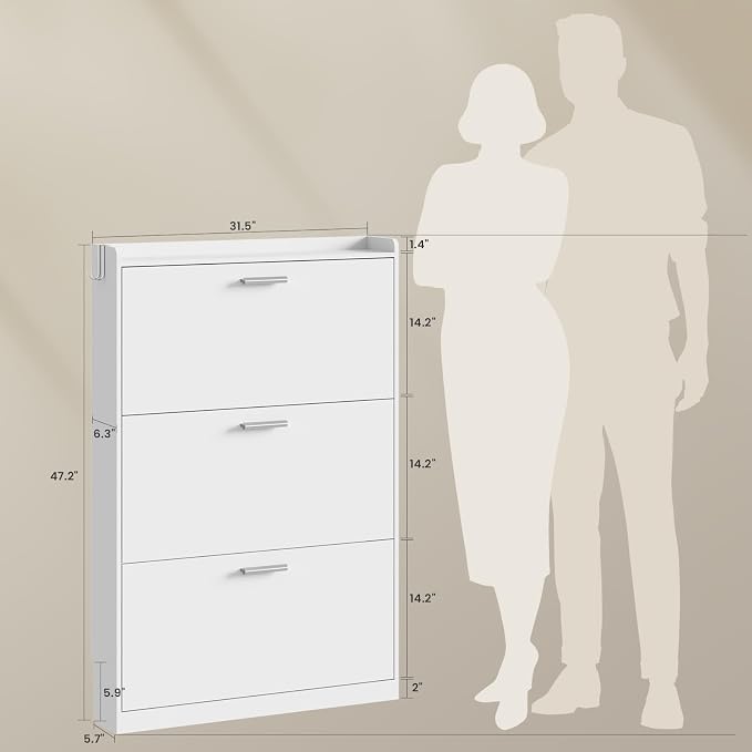 Shoe Cabinet Organizer with 3 Flip Drawers, Freestanding Shoe Rack Cabinet, 31.5" W × 6.3" D × 47.2" H Narrow Shoe Cabinet Storage for Entryway, Foyer, Hallway, White