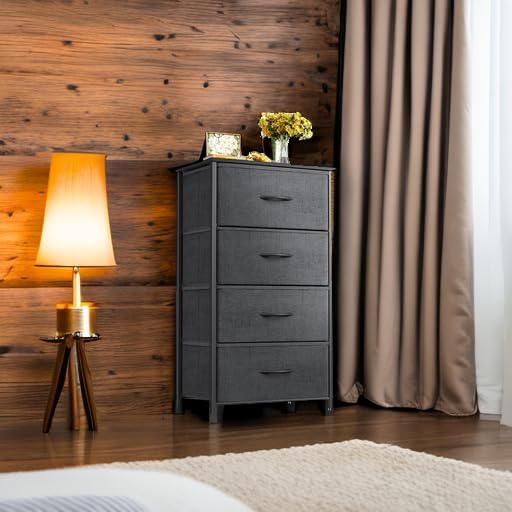 ODK Small Dresser for Bedroom with 4 Storage Drawers, Dark Grey | Dresser Chest of Fabric Drawers with Sturdy Steel Frame for Small Space, Wood Top