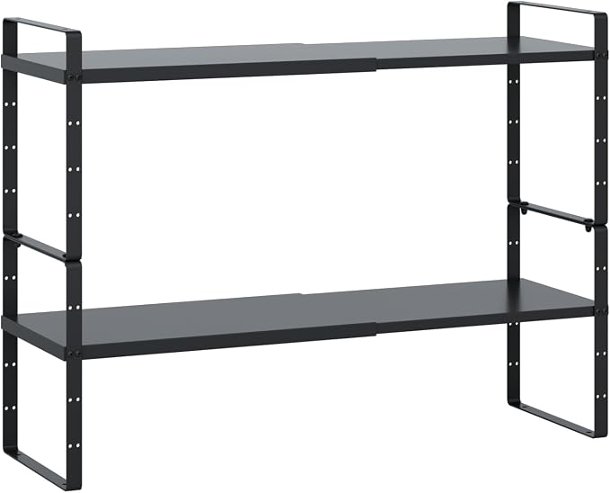 Expandable Cabinet Shelf Organizer Rack, Stackable Kitchen Counter Storage Shelves Stand, Adjustable Height Pantry Shelf Spice Rack (Black-2 Pack, 8.7" D x 15.4-26.8" W x 9.8" H)
