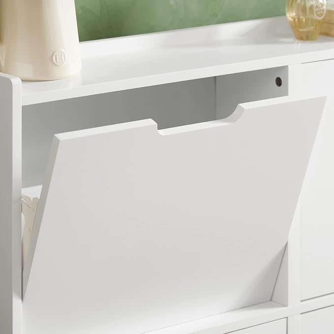 Haotian Ultra Thin Shoe Cabinet with 4 Flip-Drawers | Narrow Enclosed Shoe Rack, Slim Shoe Storage Organzier Entryway, White, FSR100-W