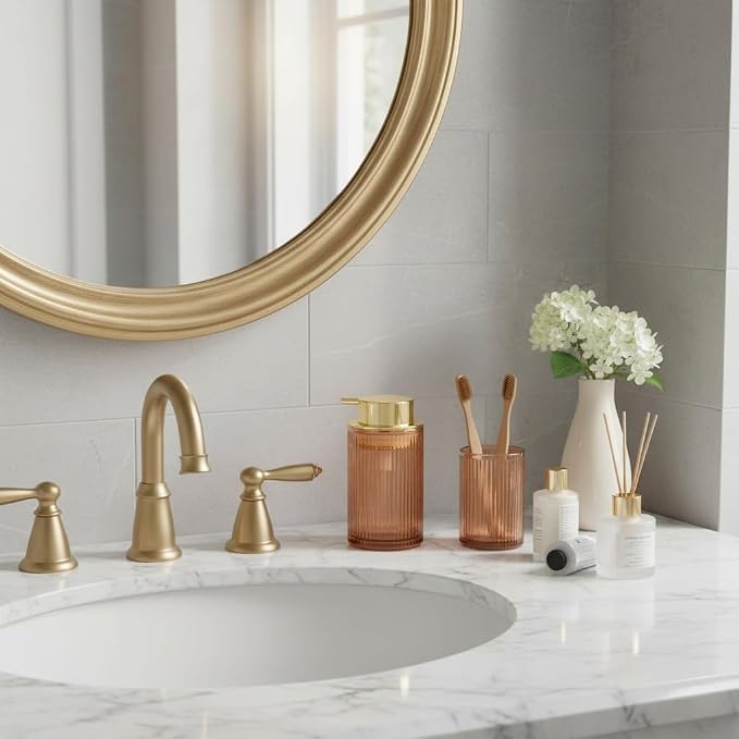 Foaming Soap Dispenser, 12 Oz Brown Glass Foam Soap Dispenser, Refillable Foam Pump Bottle Container Decorative Slim Ribbed Bottle for Bathroom and Kitchen Countertop