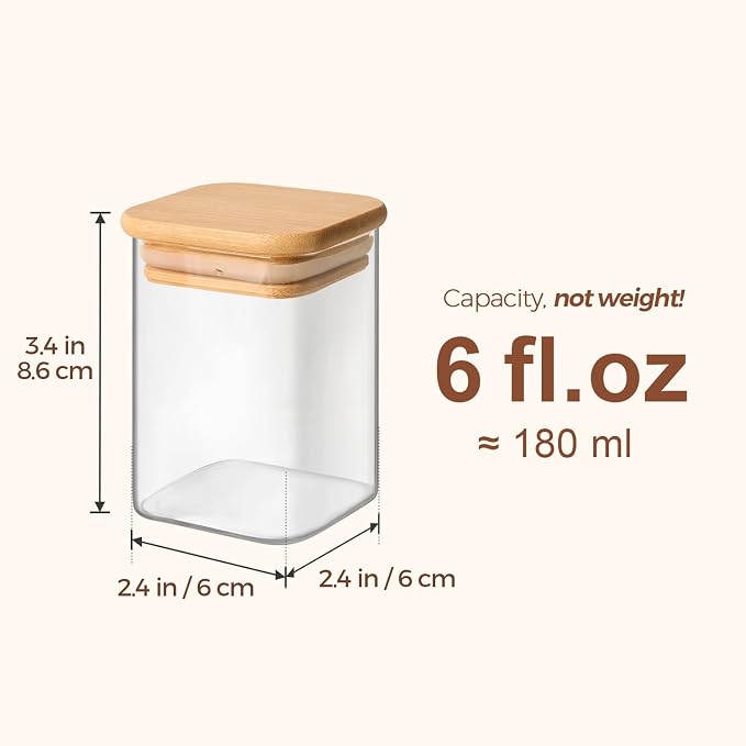 ComSaf Glass Spice Jars with Labels 6 oz 12 Pack Small Square Bamboo Lids | Empty Containers, Seasoning Herbs Powders, Salt Pepper Chili, Spice Rack Organization, Kitchen Cabinet Storage, Dry Goods