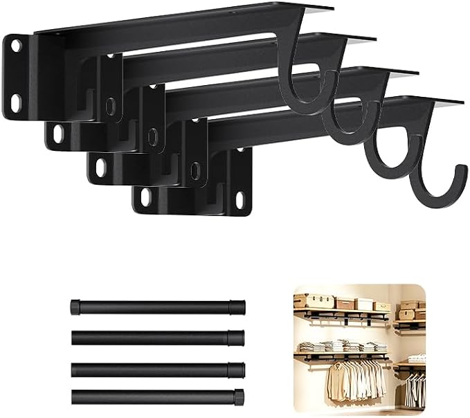 Heavy Duty Closet Rod Bracket with Closet Rod（11-47in Support 200lbs | L-Shaped Wall Mount Closet Shelf Brackets with Adjustable Hanging Rods Hanging Kit for Laundry Wardrobe Bathroom Kitchen