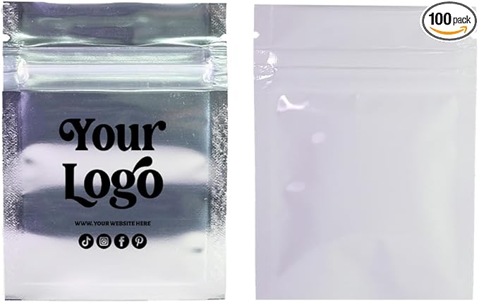 100PCS Customized Mylar Zipper Bags,Clear Front Resealable Packaging Pouches For Food Storage,Single Color Printing for Logo/Text/QR Code (White, 6.5 * 9CM/2.6"*3.5"-100PCS-One Color Print)