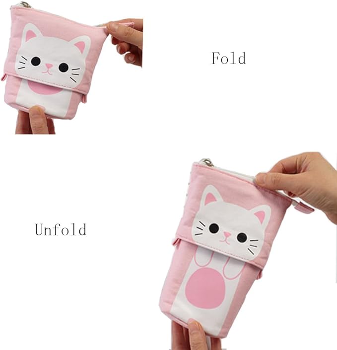 iSuperb Standing Pencil Pouch Pencil Case Cute Cat Telescopic with Zipper Canvas Kwaii Cartoon Pencil Bag Stationery Box for Kids Girls Boys School Supplies 7.5 x 4.9 x 3.0inch/4.1x 3.0inch