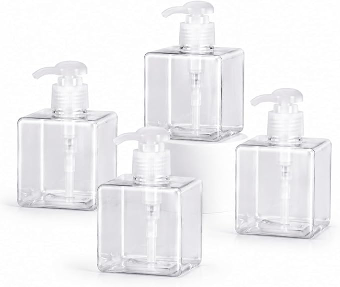 TMLECE 8.5oz/250ml Square Soap Dispenser Bottles | Eco-Friendly PETG Material, Leak-Proof Rotating Pump for Bathrooms, Kitchens & Travel, 4 Pack Refillable Bottles