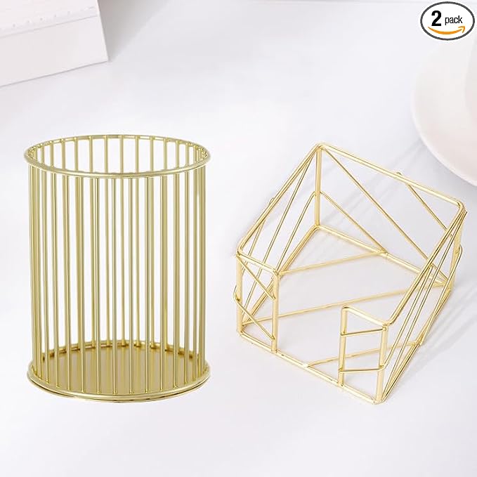 2Pcs Post sticky Note Holder + Pens Holders,Desk organizer sets,Gold Metal suit for Desk Memo,tableware,flowers,toothbrush,cute pencil holder ,Home Office decor and Accessories,Makeup Brushes Cup.