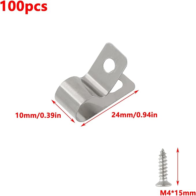 Antrader Wire Fence Clips Metal Wire Clamp with Screws,8mm/0.31",100Pcs | 304 Stainless Steel Wire Clips Cord Clamp for Wood,Metal or Vinyl