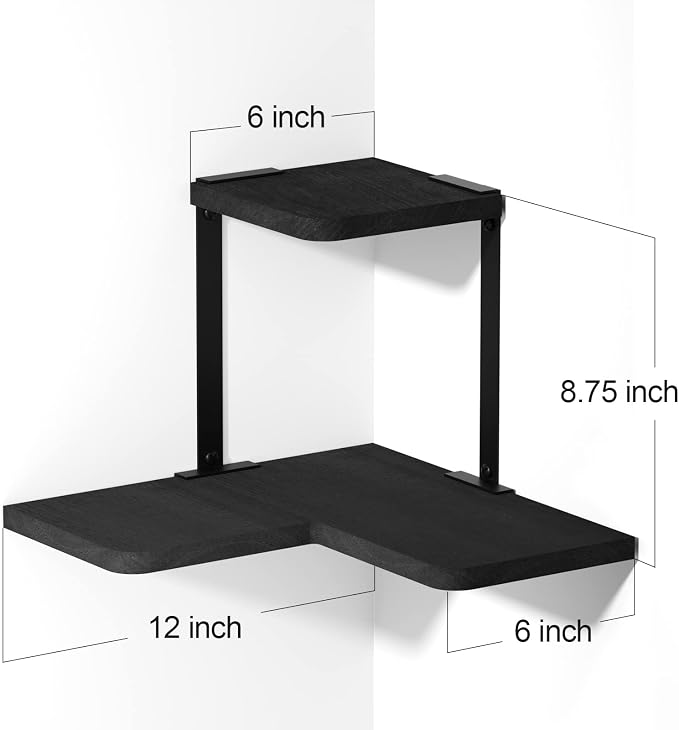 SRIWATANA Rustic Corner Shelf Wall Mounted, 2-Tier Floating Wall Shelves for Bedroom, Living Room, Bathroom, Black