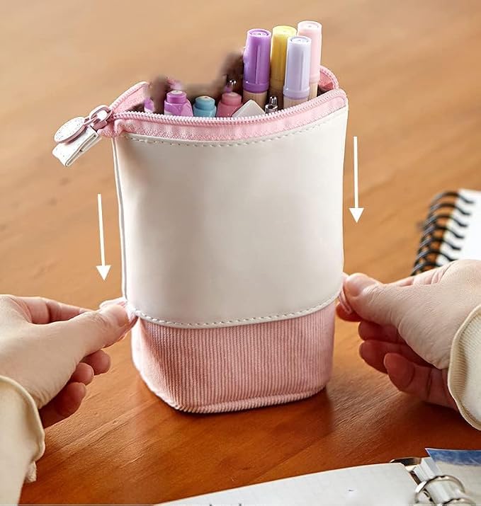 Telescopic Pencil Bag Pen Holder Stationery Case, PU Corduroy Stand-up Retractable Transformer Bag Colorful Organizer, Great for Christmas Holiday (Black)