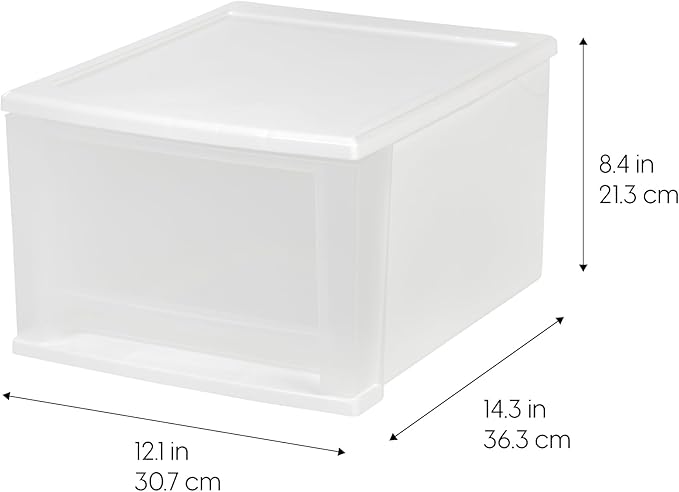 IRIS USA 17 Qt. Medium Plastic Stacking Drawer, Stackable Storage Organizer Unit with Sliding Drawer for Bedroom Kitchen Under Sink Pantry Craft Room Dorm Office, White, 4-Pack