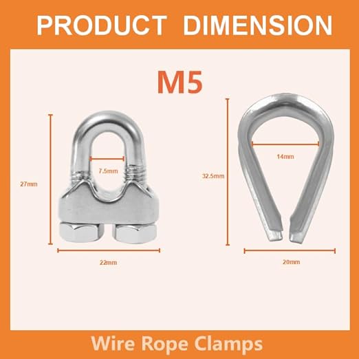 12 Pcs M5 Cable Clamps,Wire Rope Clamp,6 Pcs 3/16" Thimble | Stainless Steel Smooth Rods for Industry, Metal Working Hobbies and DIY Craft