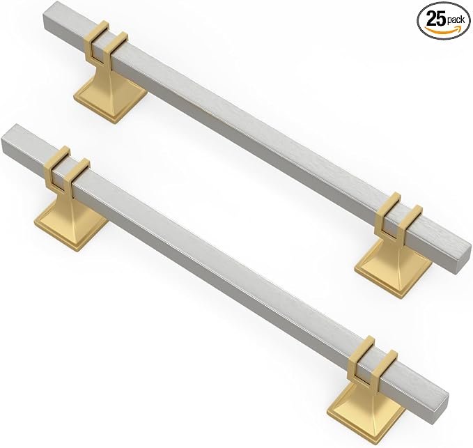25 Pack 6-1/4 Inch Cabinet Pulls Brushed Nickel and Gold Cabinet Pulls, Silver and Gold Dresser Drawer Pulls Kitchen Cabinet Hardware