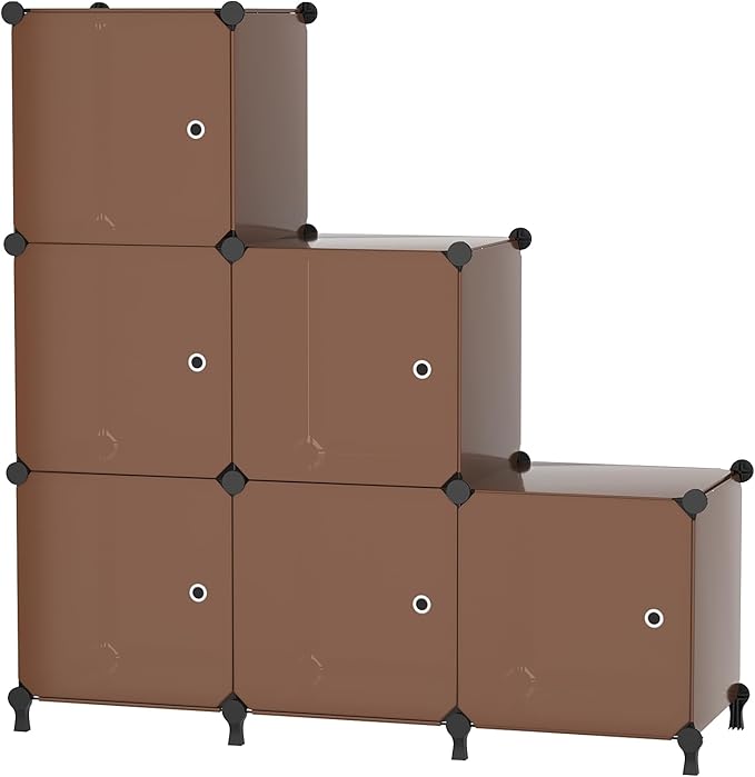 Cube Storage Organizer, 6-Cube Shelves Unit with Doors, DIY Stackable Plastic Clothes Organizer for Bedroom and Under Stairs Storage Unit, Each Compartment 30 x 30 x 30 cm Brown ATTSL6007