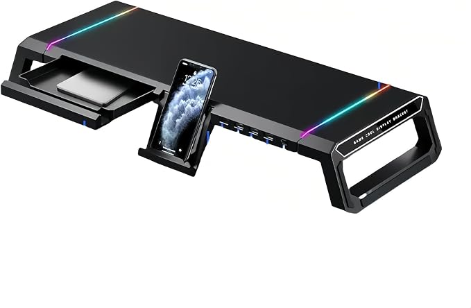 Monitor Stand Riser for Desk, Foldable Computer Monitor & Laptop Stand with Drawer, 4 USB 2.0 Ports, RGB Lighting, Phone & Tablet Holder, 72 lb Capacity (Black)