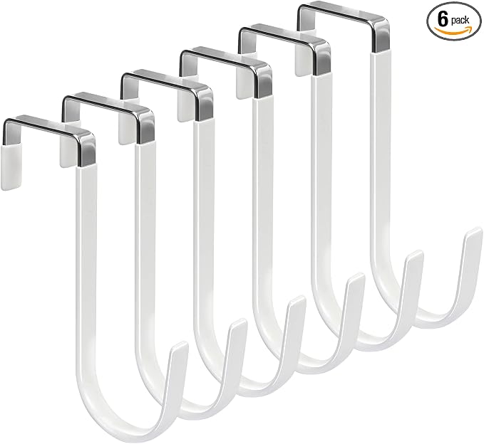 FYY Over the Door Hooks, Single-Hanger 6 Pack, Fits Doors 1 3/8" White | Heavy Duty Metal, Hold 20lbs, Rubber-Coated, No-Drilling, for Bathroom Dorm, Hanging Towels Clothes Hats Bags Coats Wreaths