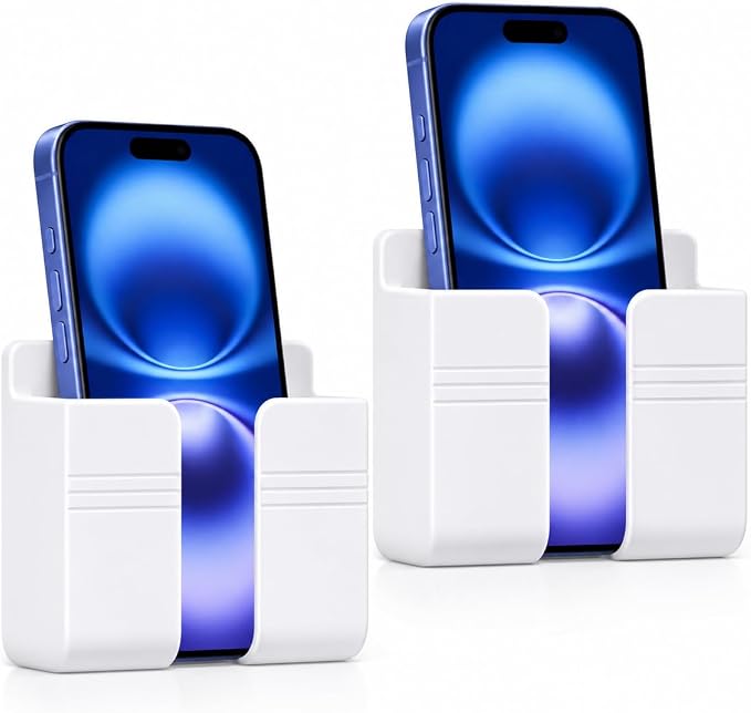 2 Pack Wall Phone Holder, Adhesive Phone Wall Mount with Cable Hole, Bathroom Bedside Kitchen RV Phone Holder Compatible with iPhone, Android Phones and Remote Controls (White)