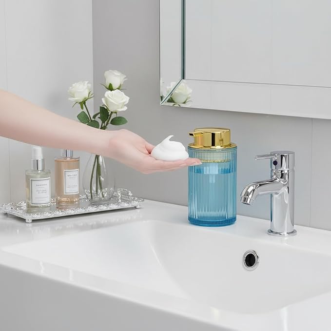Foaming Soap Dispenser, 12 Oz Blue Glass Foam Hand Soap Dispenser, Refillable Lotion Soap Dispenser with Removable Pump for Kitchen Hand Wash Dispenser, Modern Slim Ribbed Bottle for Decor