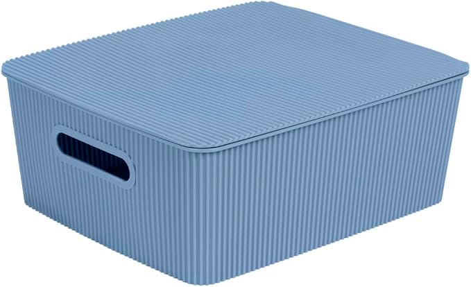 Glad Storage Baskets with Lids - Set of 4 Stackable Plastic Boxes with Handles - Decorative Shelf Organizer Bins for Bathroom and Closet, Blue, 3.1 Gallons