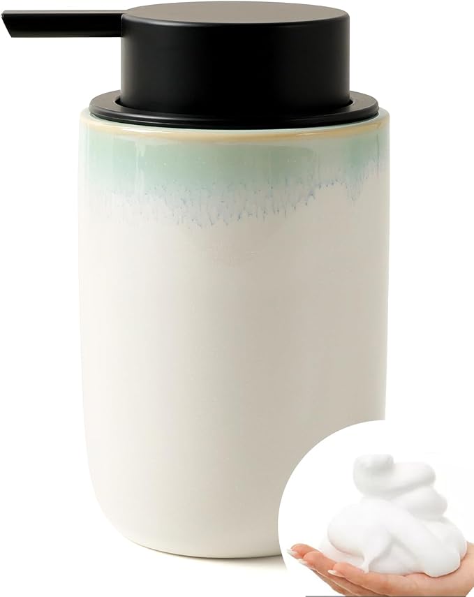 BosilunLife Hand Soap Dispenser for Kitchen, Bathroom Countertop | Foam Soap Dispenser Bathroom Ceramic Dish Liquid Soap Dispenser (White with Blue-Green Rim Foam Pump)