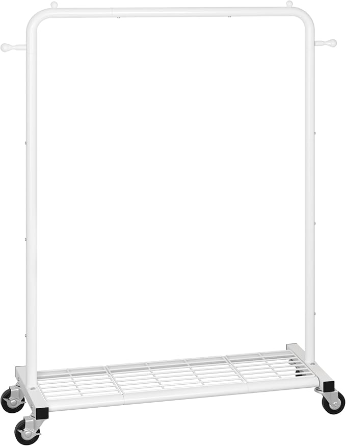 Sywhitta Clothing Rack on Wheels with Mesh Storage Shelf & Sturdy Metal Frame, Rolling Garment Rack for Hanging Clothes, Coats, Skirts, 39.76" L x 16" W x 64.56" H,White