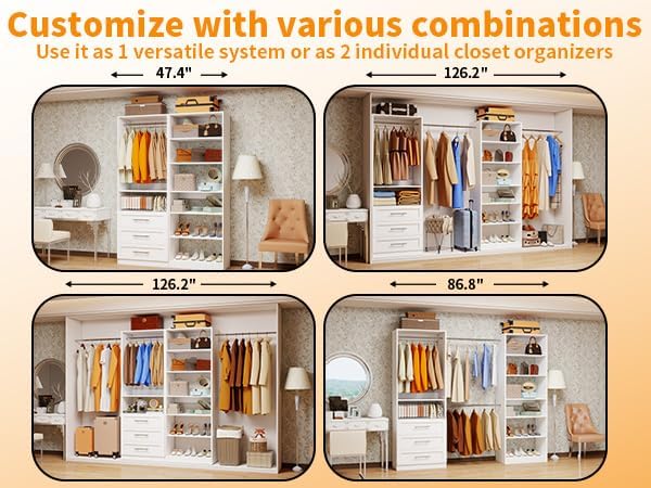 Closet System with 2 Sets, 4FT-10FT Closet Organizer Systems with 3 Wooden Drawers 7 Shelves & 3 Hanging Rods, Walk in Closet freestanding Corner Modular Closet Storage System White (4FT)