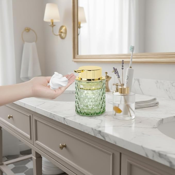10 Oz Glass Hand Soap Dispenser with Pump, Refillable Bathroom Gold Foaming Soap Dispenser, Vintage Glass Diamond Lotion Container Bottle for Bathroom and Kitchen (1, Green and Gold)
