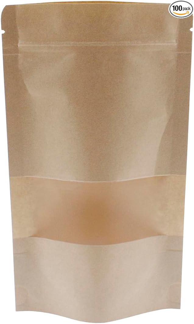 Kraft Paper Zipper Pouches,ULIFESTAR Kraft Stand Up Zip Lock Pouch Bags,100PCS Resealable Bag with Transparent Window and Tear Notch Resealable Bag for Small Business HomeUse,5.9"*8.7"(15 * 22cm+4cm)