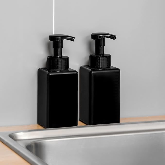 Foaming Soap Dispenser, 15oz Plastic Refillable Pump Bottle, 4 Pack, Black | Hand Dispenser for Liquid Soap, Shampoo & Body Wash – Saves Soap with Rich Foam, Reusable, Easy to Refill, BPA-Free