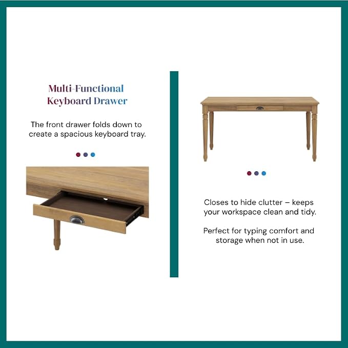 Polibi 60" Farmhouse Writing Desk with Drawer Keyboard Tray (Seadrift) | Turned Legs, Quick Assembly, Pre-Assembled Top, For Home Offices, Writing, Computer Workstations.