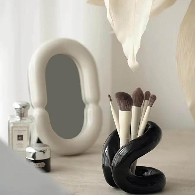 Handmade Ceramic Holder Stand for Toothbrushes, Makeup Brushes, and Pens - Minimalist Design for Bathroom Vanity and Countertops Decor (Black)