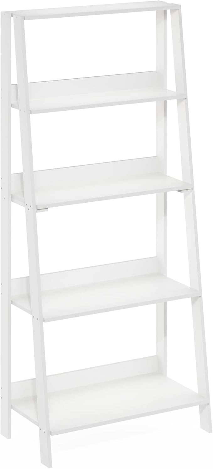 Furinno Ladder Book Shelf, 5-Tier Ladder Shelf, Bookshelf, Display Storage Shelves, 13 x 23.6 x 53.5, for Living Room, Home Office, Plain White
