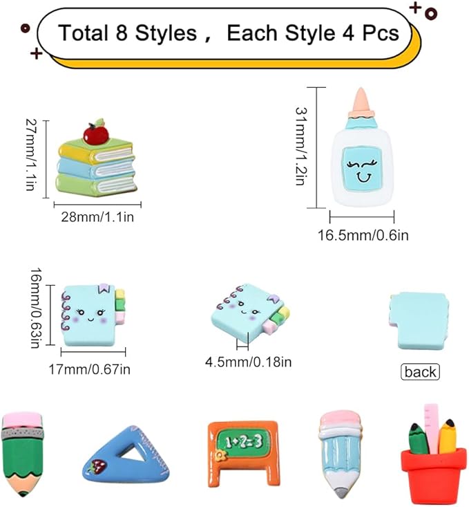 SUNNYCLUE Resin Cabochons Back to School Resin Charms Teacher School Themed Resin Charms No Hole Flat Back Brush Pencil Eraser Ruler Notebook Shape Colorful Cabochon for Hair Clips DIY Crafts